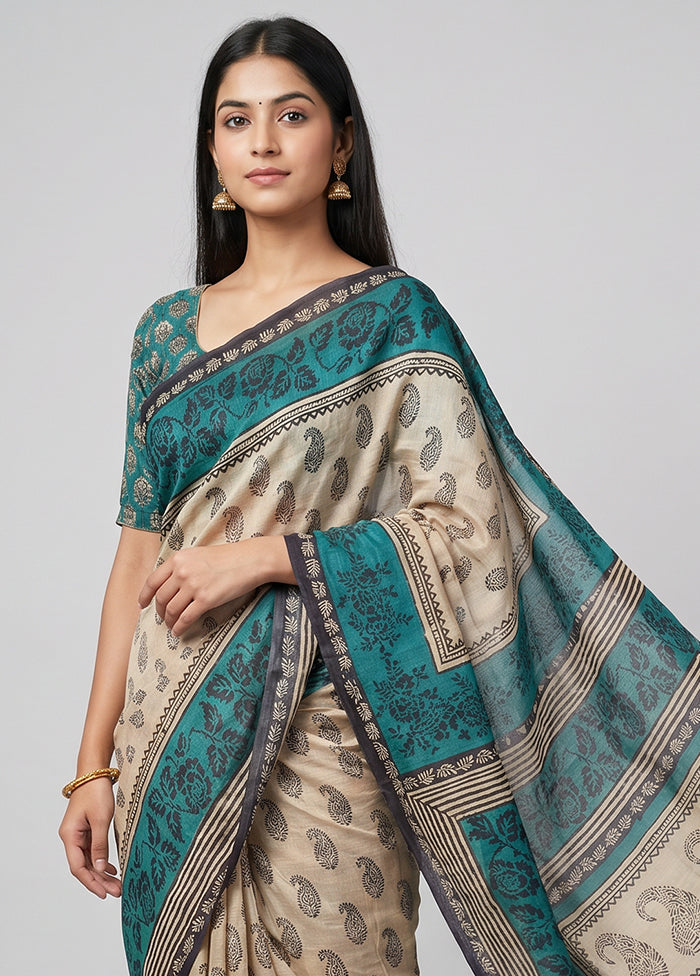 Cream Handloom Tussar Pure Silk Saree With Blouse Piece