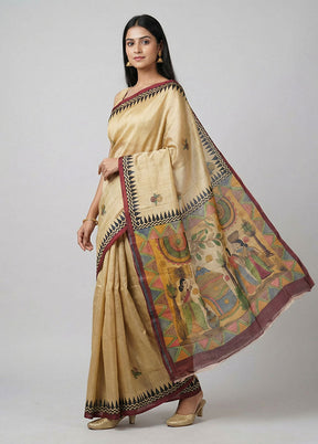 Yellow Handloom Tussar Pure Silk Saree With Blouse Piece