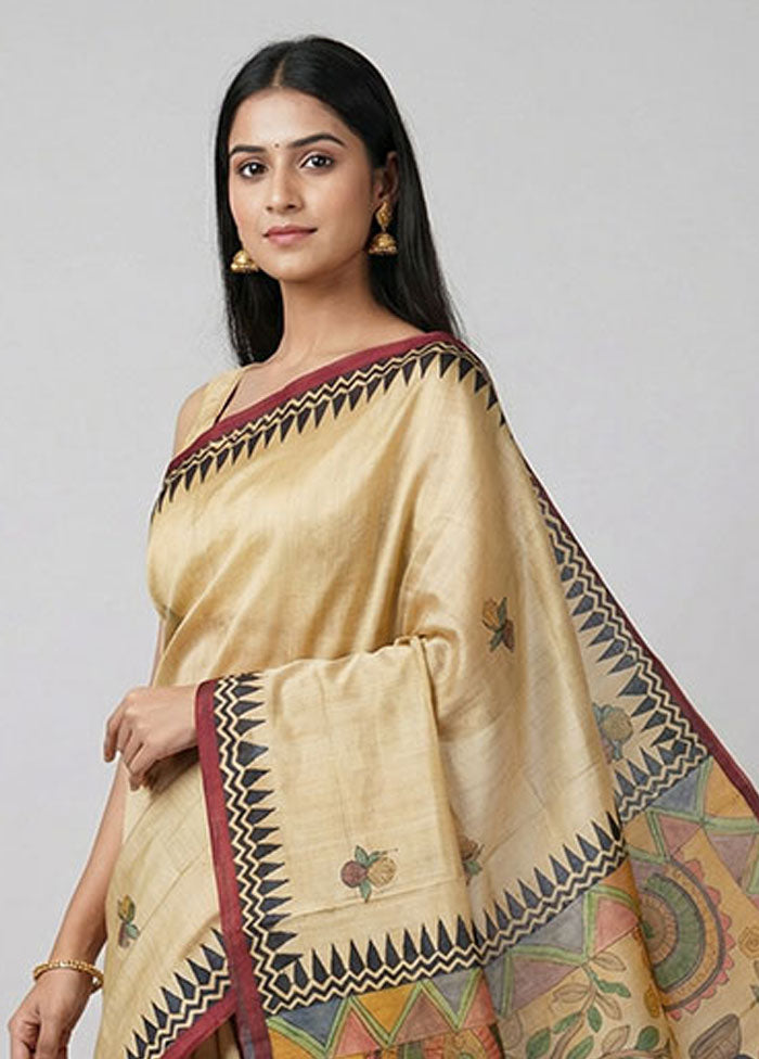 Yellow Handloom Tussar Pure Silk Saree With Blouse Piece