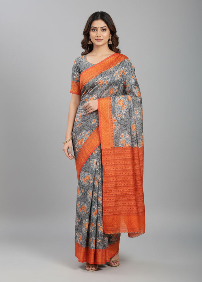 Grey Printed Silk Saree Without Blouse Piece