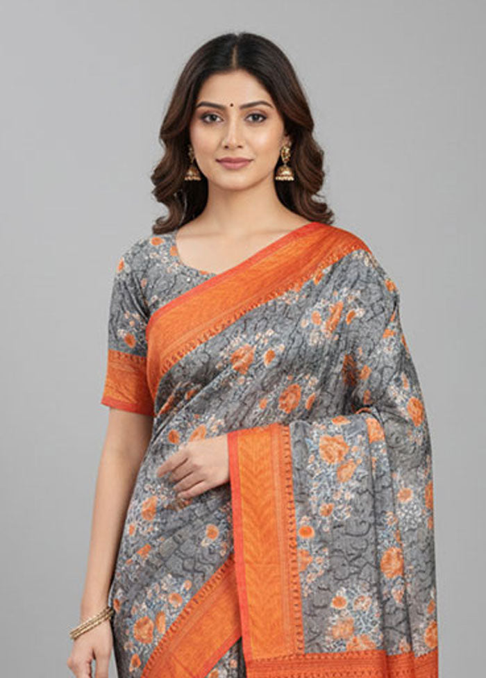 Grey Printed Silk Saree Without Blouse Piece