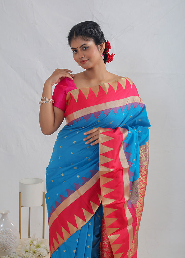 Blue Kanjivaram Silk Saree With Blouse Piece