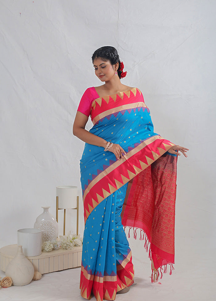 Blue Kanjivaram Silk Saree With Blouse Piece