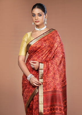 Rust Printed Pure Silk Saree Without Blouse Piece