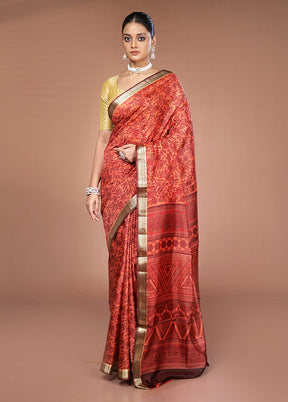Rust Printed Pure Silk Saree Without Blouse Piece