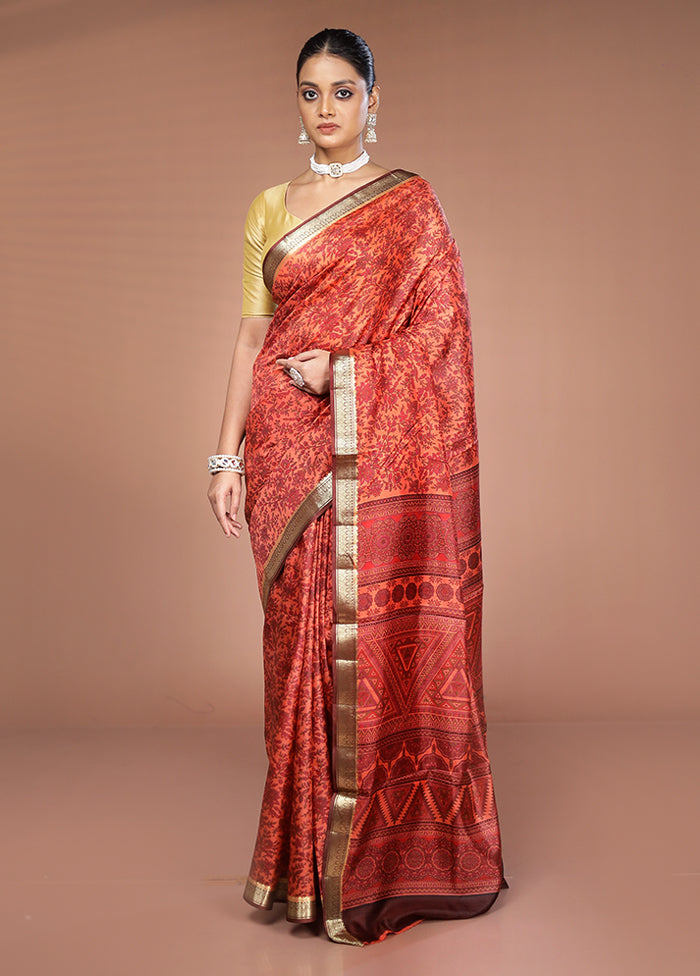 Rust Printed Pure Silk Saree Without Blouse Piece