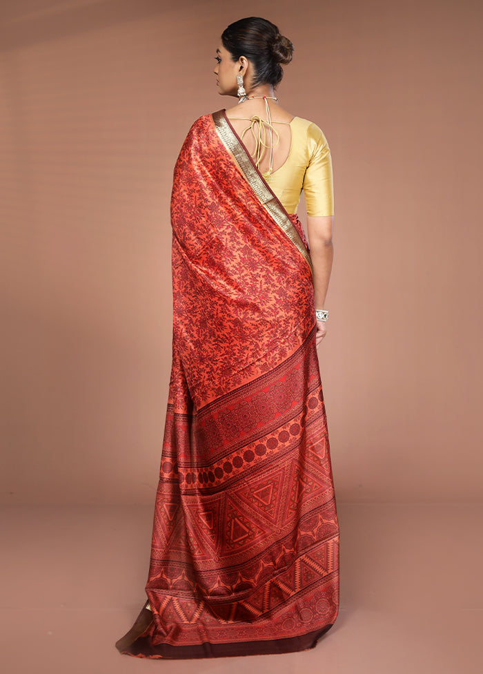 Rust Printed Pure Silk Saree Without Blouse Piece