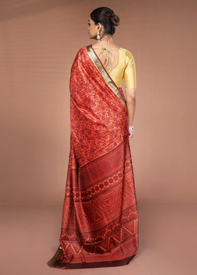 Rust Printed Pure Silk Saree Without Blouse Piece