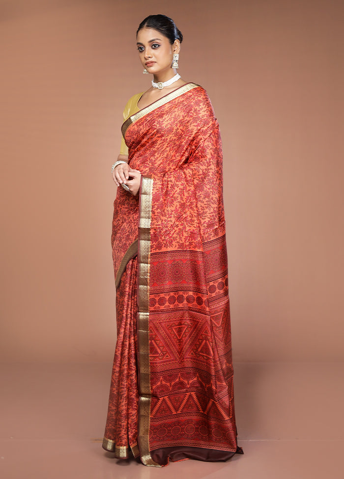 Rust Printed Pure Silk Saree Without Blouse Piece