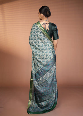 Green Printed Pure Silk Saree Without Blouse Piece