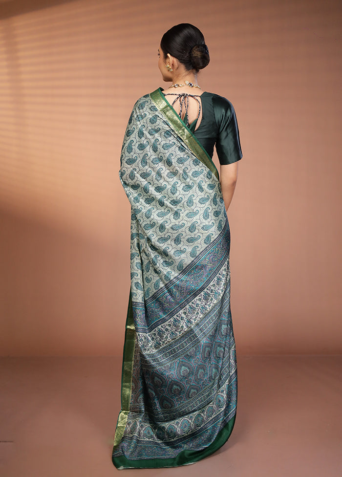Green Printed Pure Silk Saree Without Blouse Piece