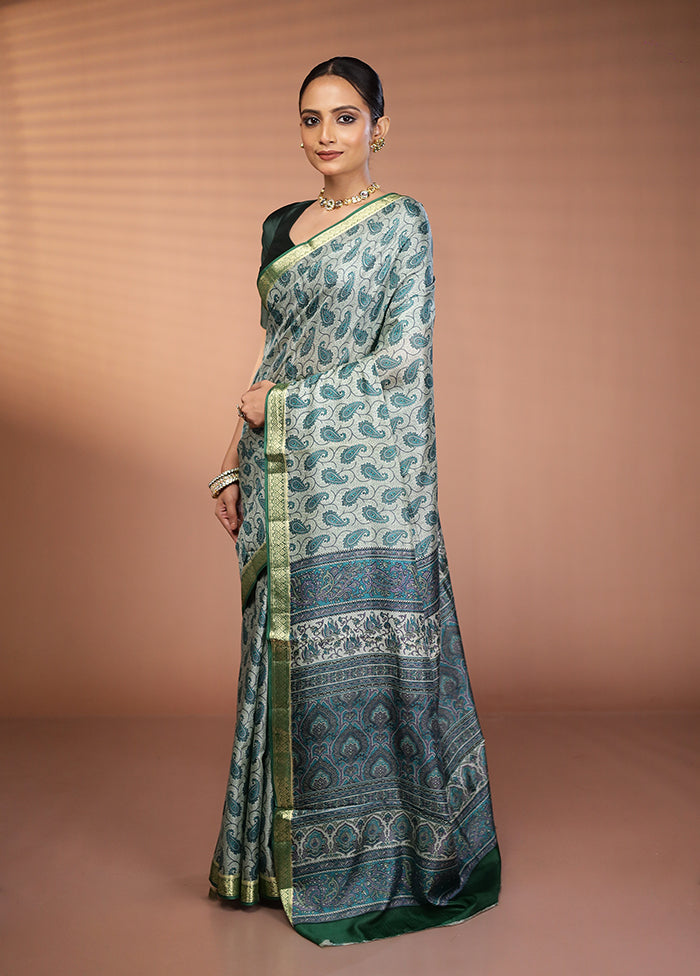 Green Printed Pure Silk Saree Without Blouse Piece