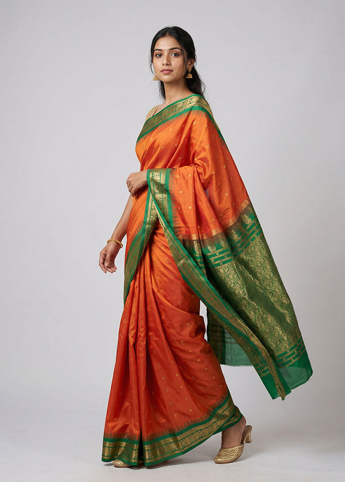 Orange Handloom Kanchipuram Pure Silk Saree With Blouse Piece