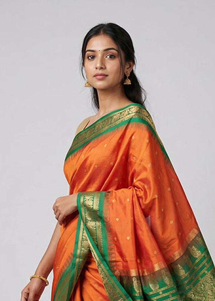 Orange Handloom Kanchipuram Pure Silk Saree With Blouse Piece
