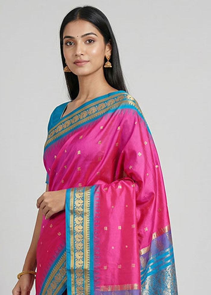 Purple Handloom Kanjivaram Pure Silk Saree With Blouse Piece