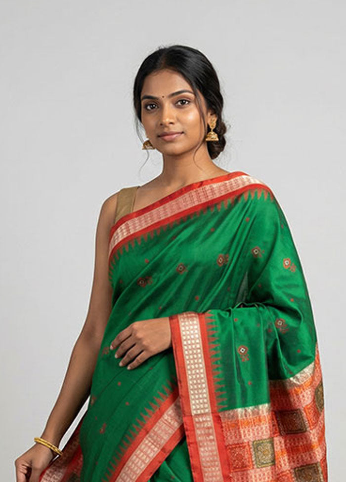 Green Handloom Bomkai Pure Silk Saree With Blouse Piece
