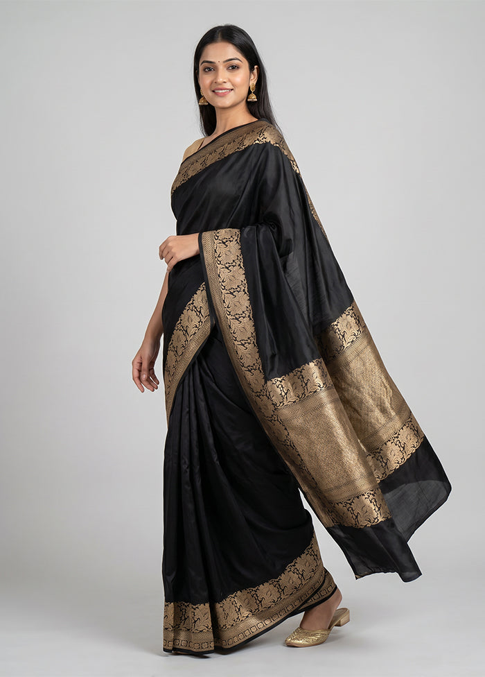 Black Handloom Katan Pure Silk Saree With Blouse Piece
