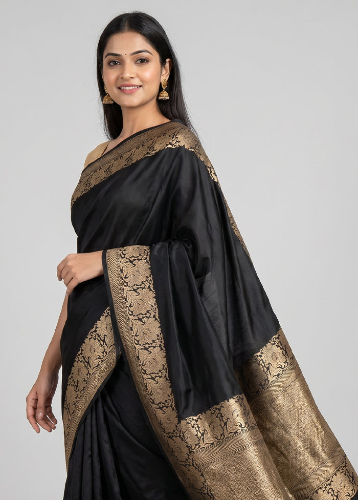 Black Handloom Katan Pure Silk Saree With Blouse Piece