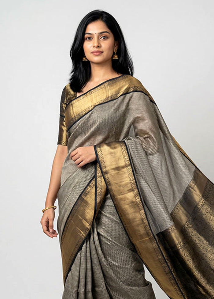 Black Handloom Katan Pure Silk Saree With Blouse Piece