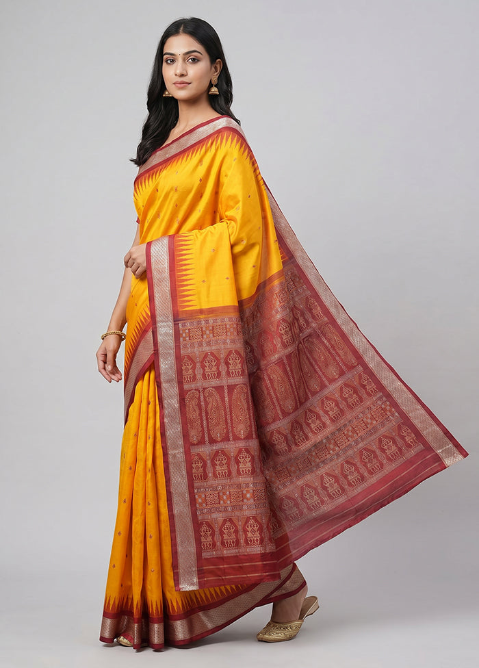 Yellow Handloom Bomkai Pure Silk Saree With Blouse Piece