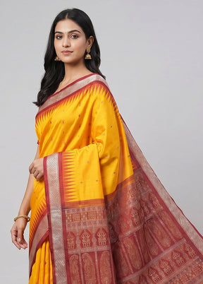Yellow Handloom Bomkai Pure Silk Saree With Blouse Piece