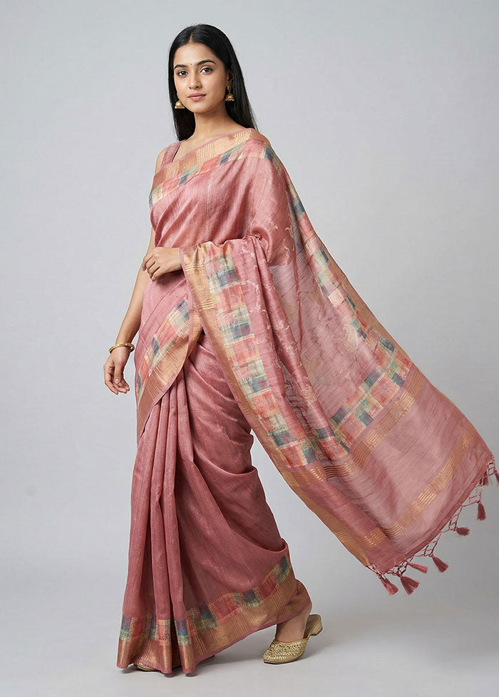 Pink Tussar Silk Saree With Blouse Piece