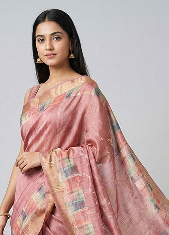 Pink Tussar Silk Saree With Blouse Piece