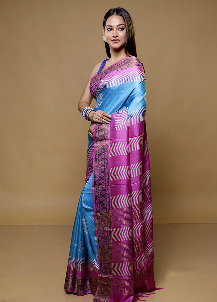 Blue Tussar Silk Saree With Blouse Piece
