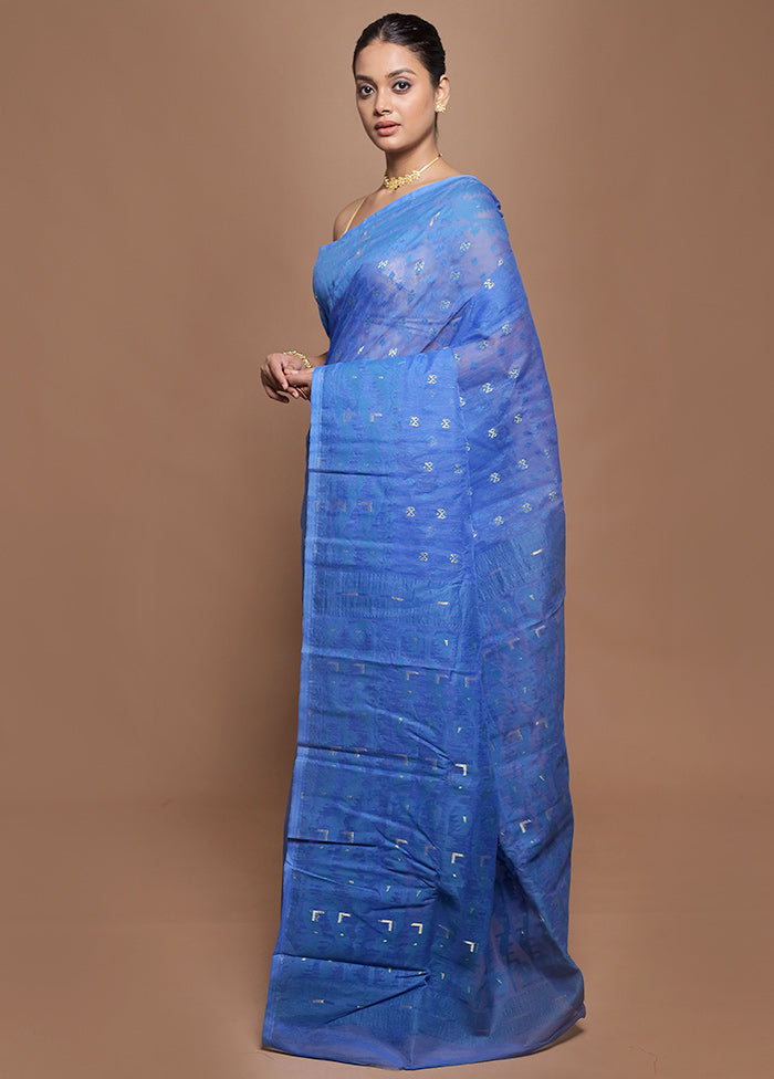 Blue Tant Jamdani Saree Without Blouse Piece