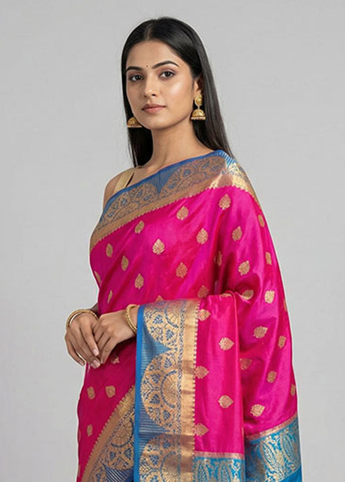 Pink Handloom Kanjivaram Pure Silk Saree With Blouse Piece
