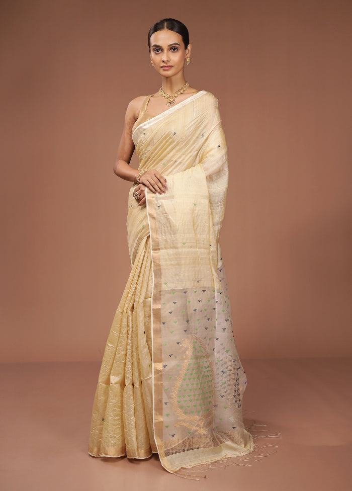 Cream Handloom Matka Pure Silk Saree With Blouse Piece