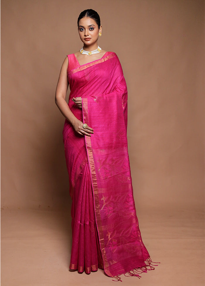 Pink Handloom Matka Pure Silk Saree With Blouse Piece