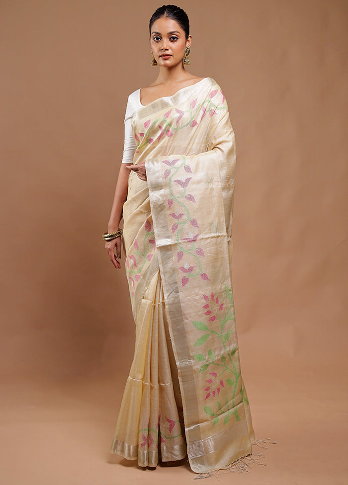 Cream Handloom Tussar Pure Silk Saree With Blouse Piece