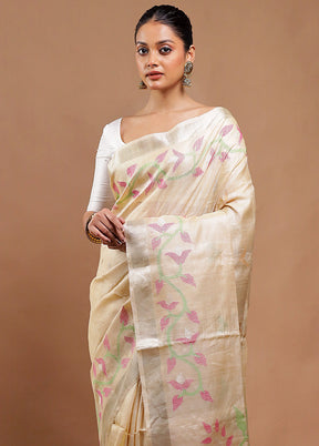 Cream Handloom Tussar Pure Silk Saree With Blouse Piece