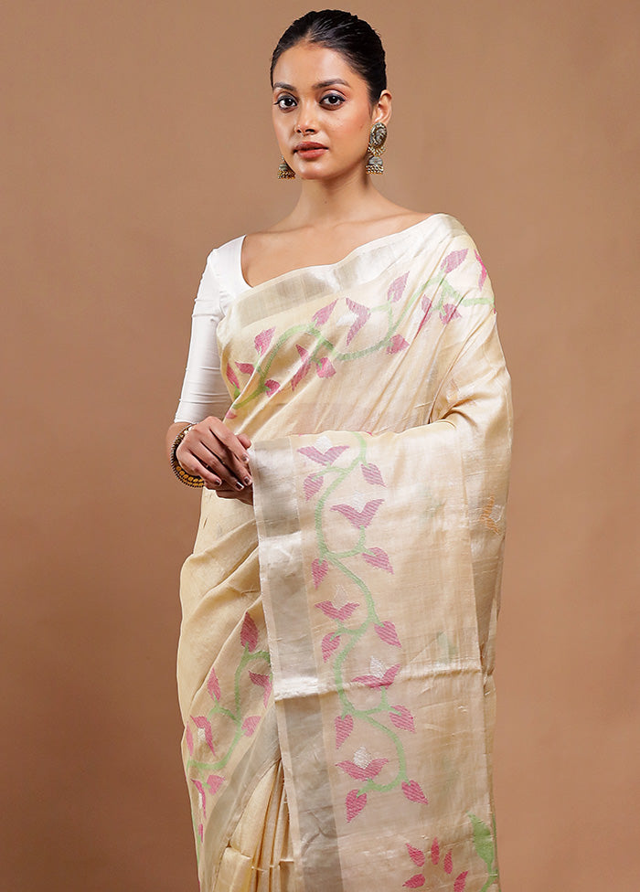 Cream Handloom Tussar Pure Silk Saree With Blouse Piece