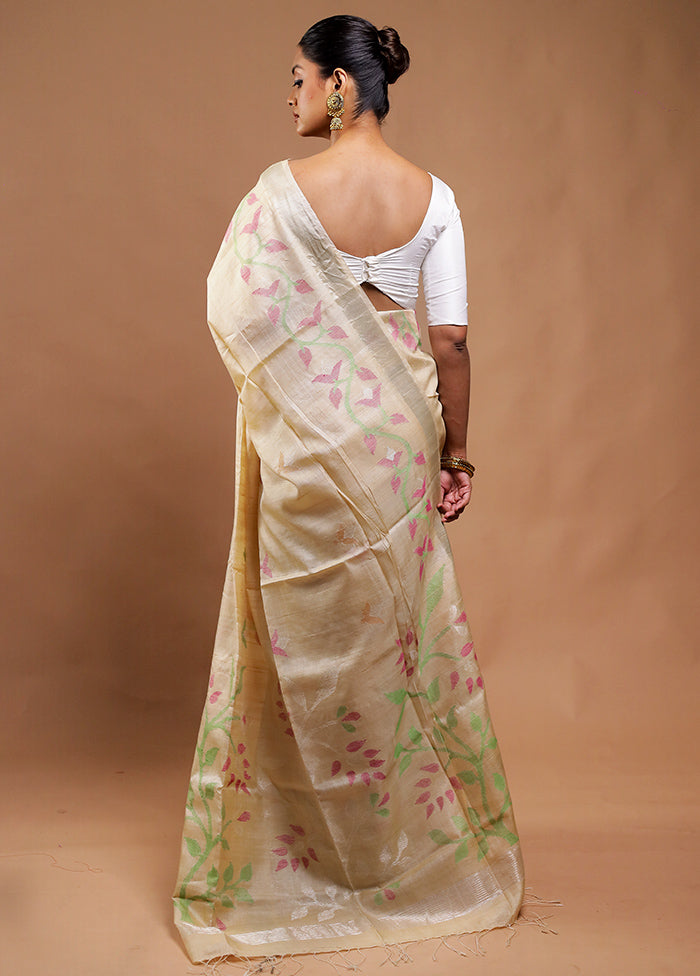 Cream Handloom Tussar Pure Silk Saree With Blouse Piece