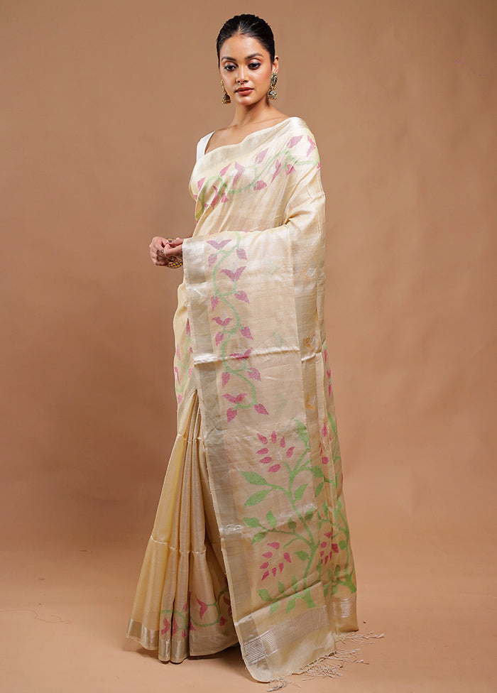 Cream Handloom Tussar Pure Silk Saree With Blouse Piece