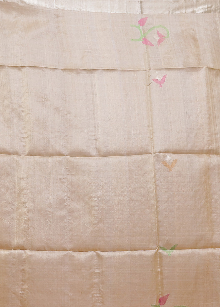 Cream Handloom Tussar Pure Silk Saree With Blouse Piece