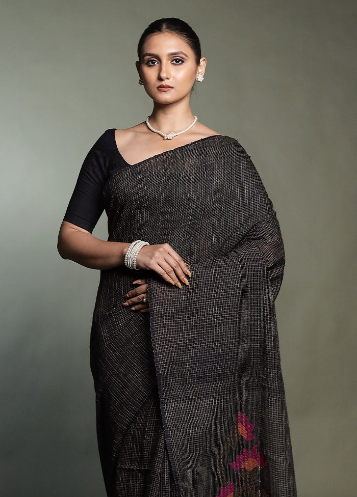 Black Handloom Matka Pure Silk Saree With Blouse Piece
