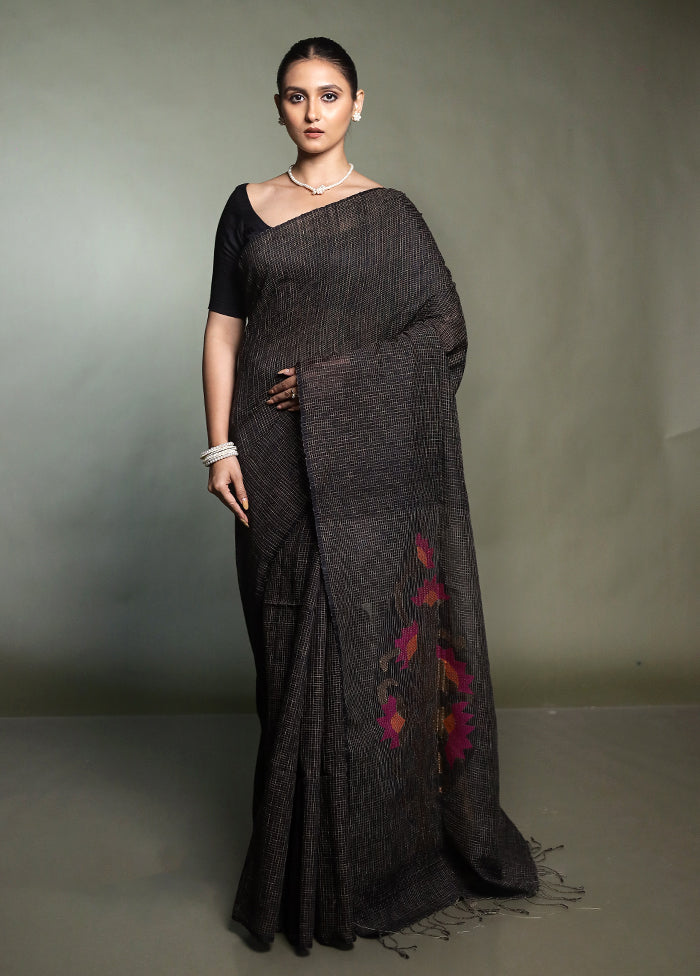 Black Handloom Matka Pure Silk Saree With Blouse Piece