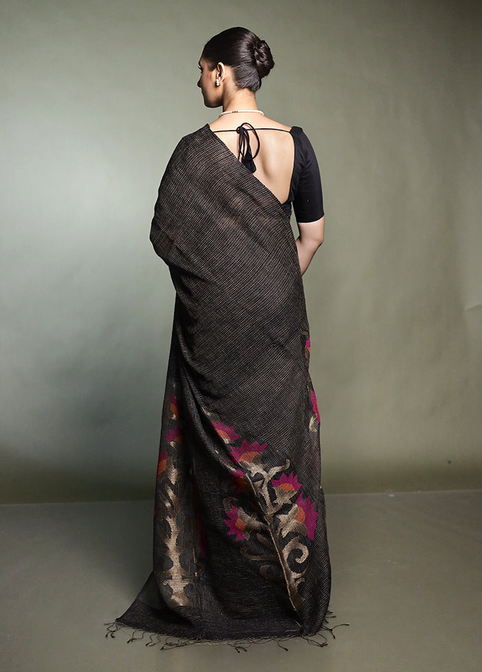 Black Handloom Matka Pure Silk Saree With Blouse Piece