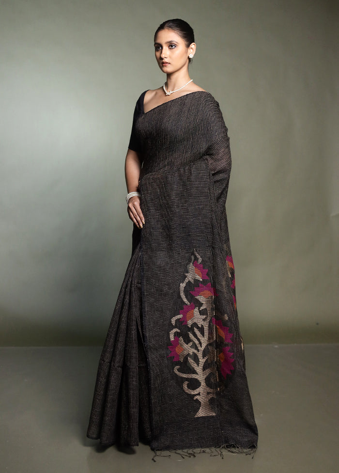 Black Handloom Matka Pure Silk Saree With Blouse Piece