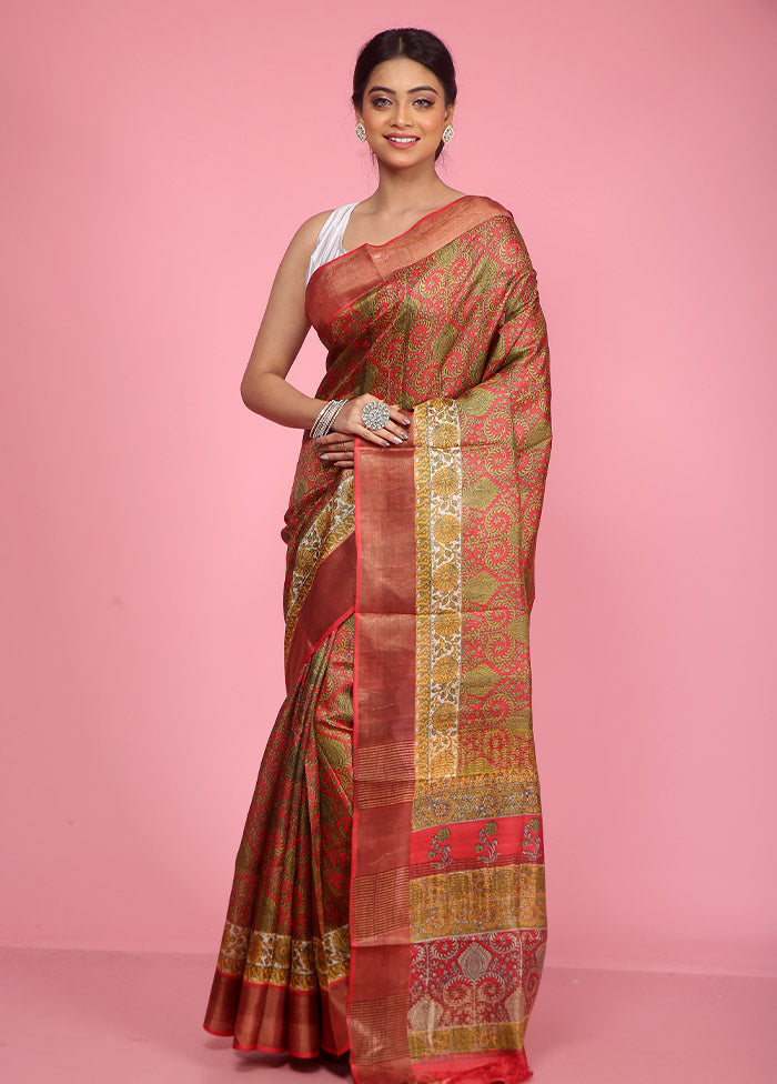 Red Tussar Silk Saree With Blouse Piece