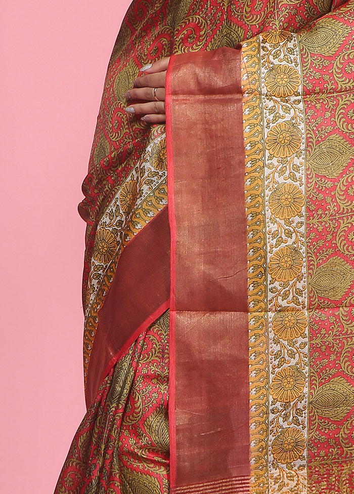 Red Tussar Silk Saree With Blouse Piece