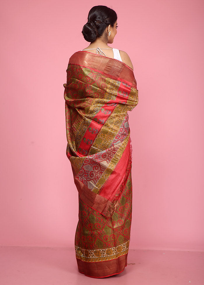 Red Tussar Silk Saree With Blouse Piece