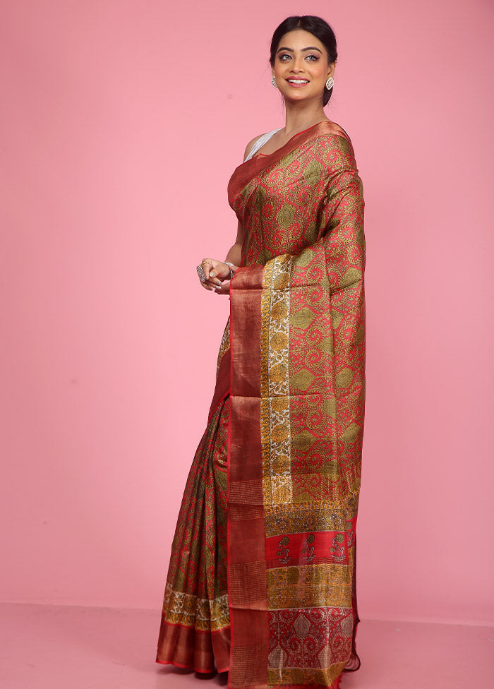 Red Tussar Silk Saree With Blouse Piece