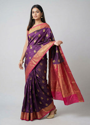 Purple Handloom Kanchipuram Pure Silk Saree With Blouse Piece