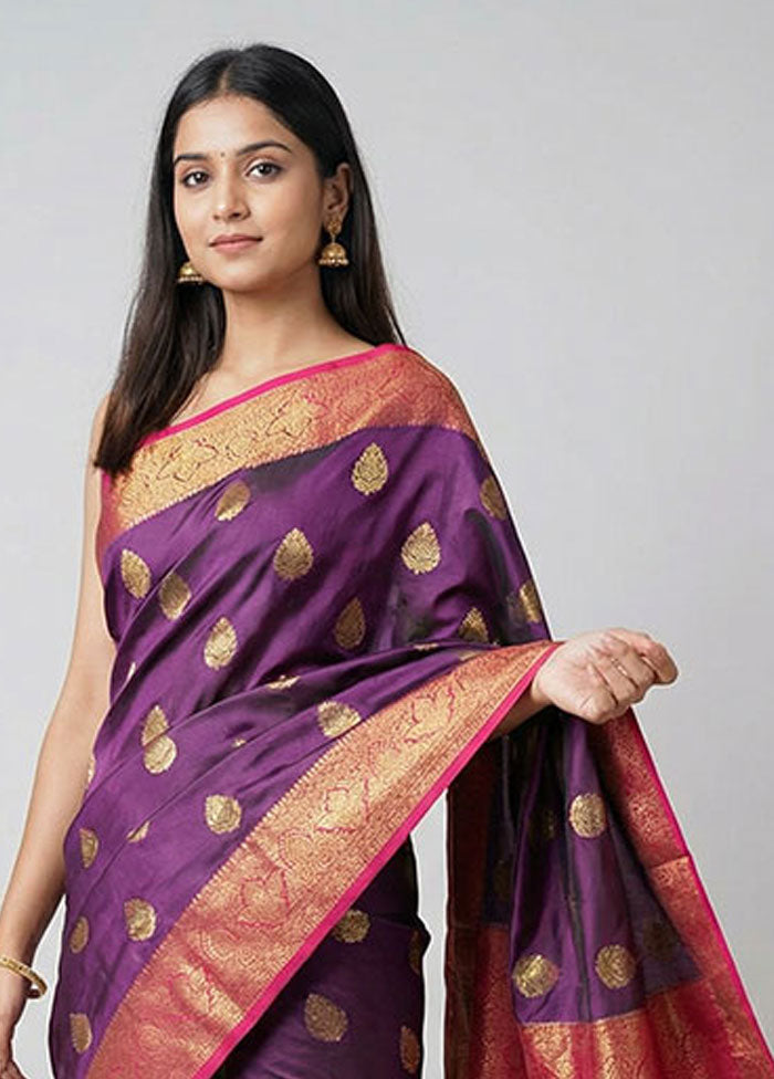 Purple Handloom Kanchipuram Pure Silk Saree With Blouse Piece