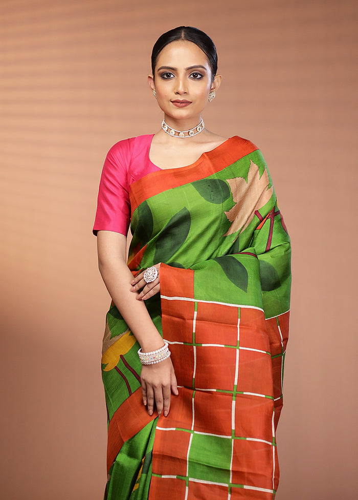 Green Printed Pure Silk Saree Without Blouse Piece
