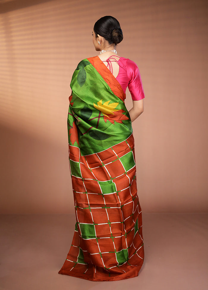 Green Printed Pure Silk Saree Without Blouse Piece
